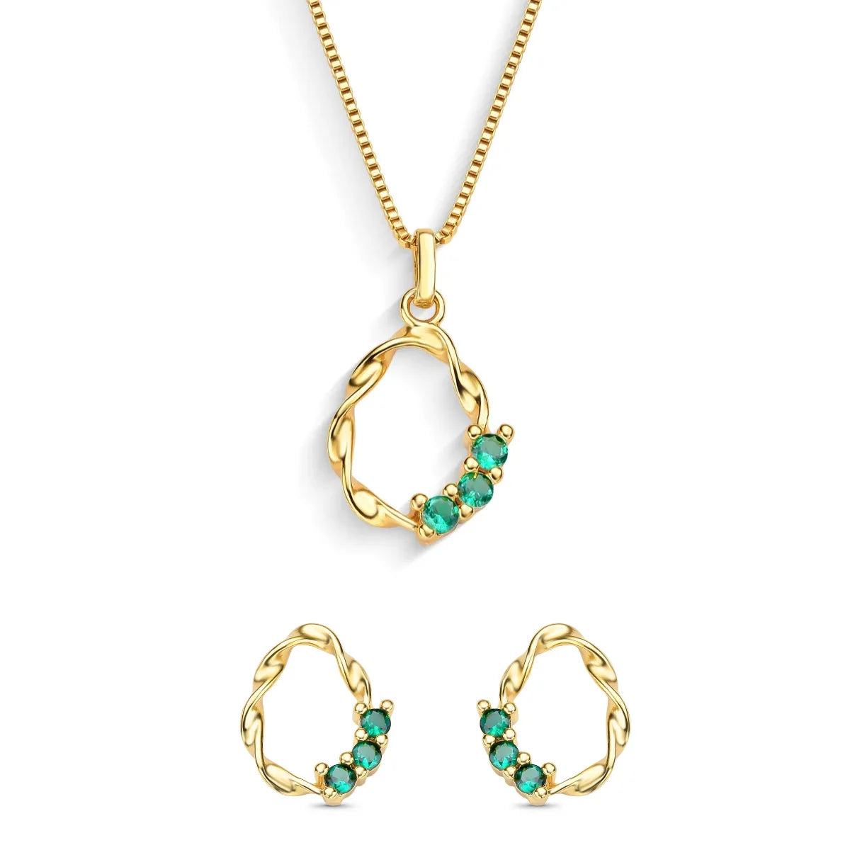 Conjunto Traçado com Zircônias Verde Banhado a Ouro 18K