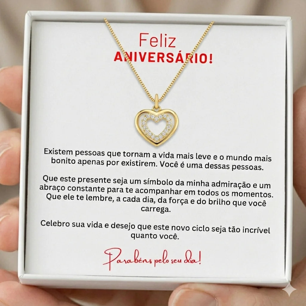 Colar Coração Feminino Banhado a Ouro com Zircônias + Mensagem Especial | Presente de Aniversário para Mulher com Caixa