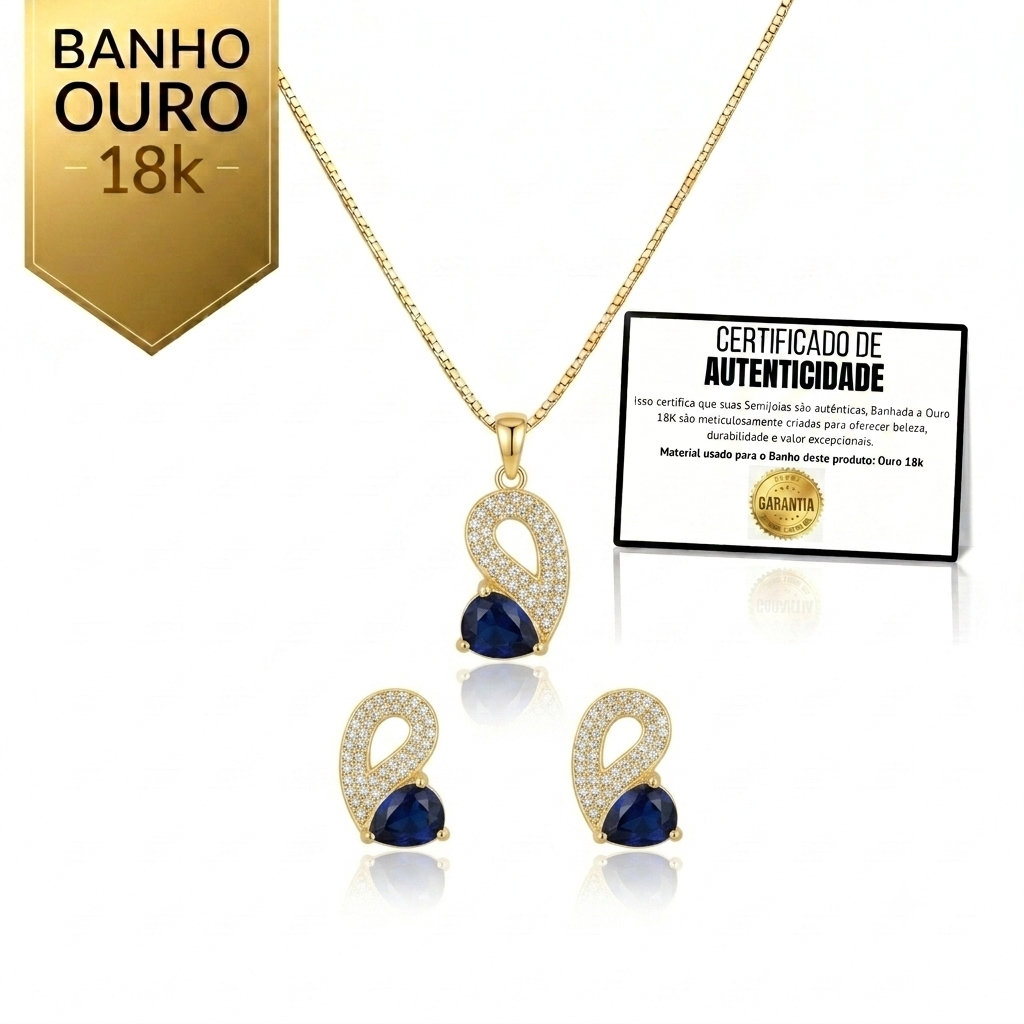 Conjunto Luxo Colar e Brincos Gota Azul Safira Banho Ouro 18K + Brinde Corrente Snake com Garantia Vitalícia