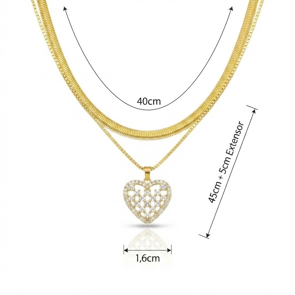 Corrente Dupla com Pingente Cravejado Banhado a Ouro 18K Presente