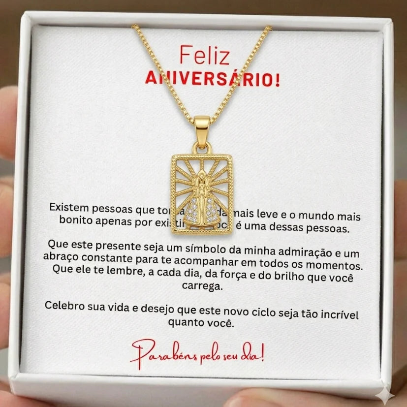 Presente Religioso Aniversário Colar Nossa Senhora Aparecida Dourado com Mensagem para Mulher