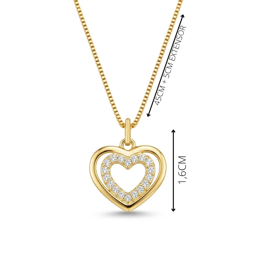 Colar Coração Feminino Banhado a Ouro com Zircônias + Mensagem Especial | Presente de Aniversário para Mulher com Caixa