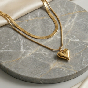 Presente para a Mãe Colar Duplo Malha Italiana e Coração Banho Ouro 18k
