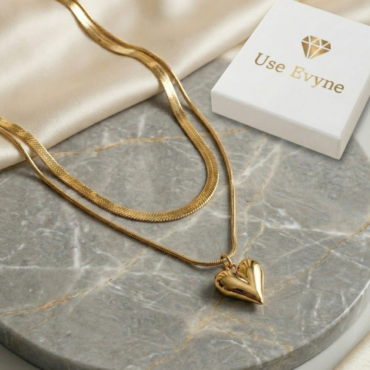 Presente para a Mãe Colar Duplo Malha Italiana e Coração Banho Ouro 18k