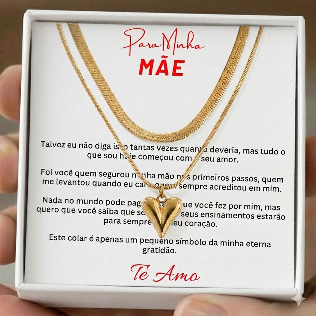 Presente para a Mãe Colar Duplo Malha Italiana e Coração Banho Ouro 18k
