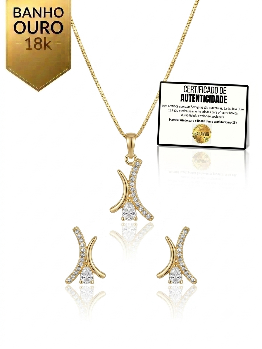 Conjunto Luxo Design Contemporâneo Zircônias Banhado a Ouro 18K + Ganhe Colar Snake de Brinde