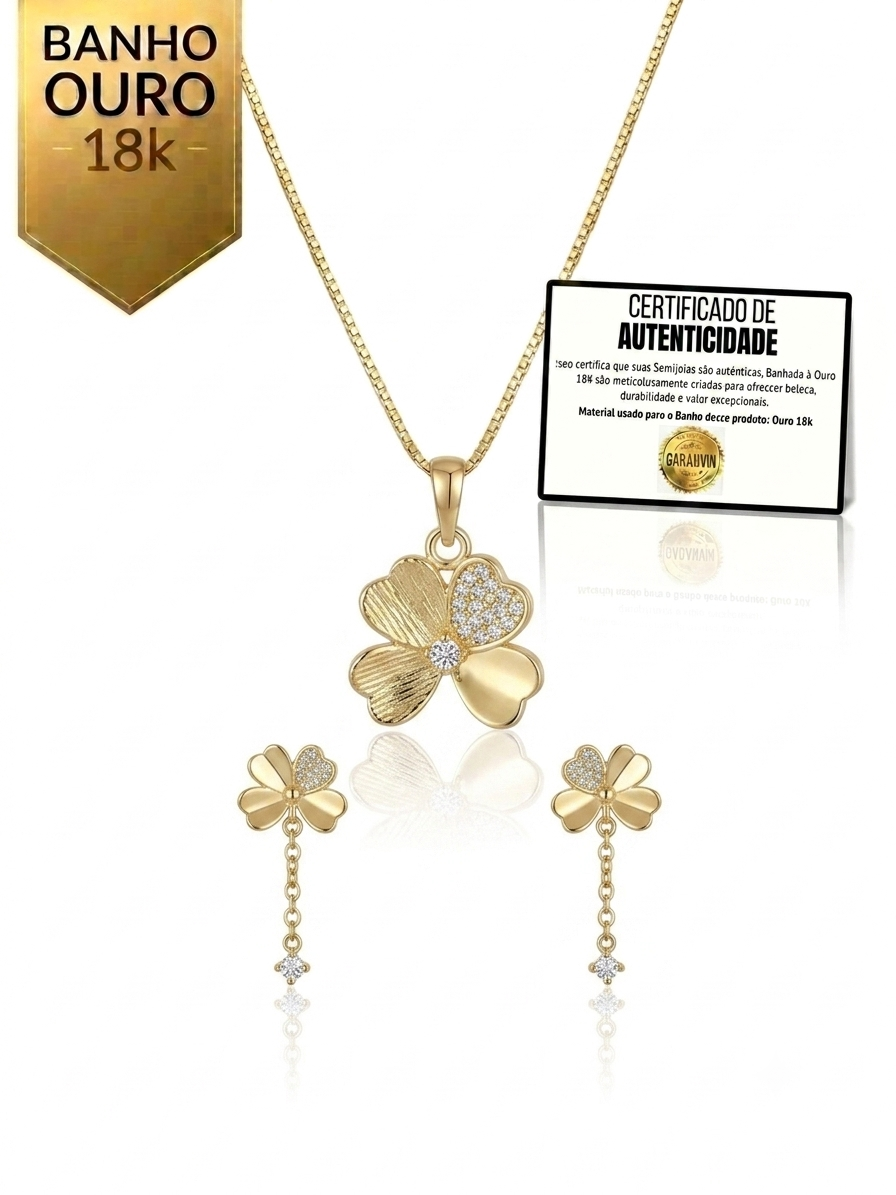Conjunto Luxo Trevo com Zircônias Banhado a Ouro 18K + Ganhe Colar Snake de Brinde