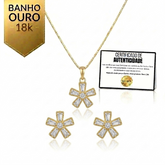 Conjunto Luxo Flor de Zircônias Banhado a Ouro 18K + Ganhe Colar Snake de Brinde
