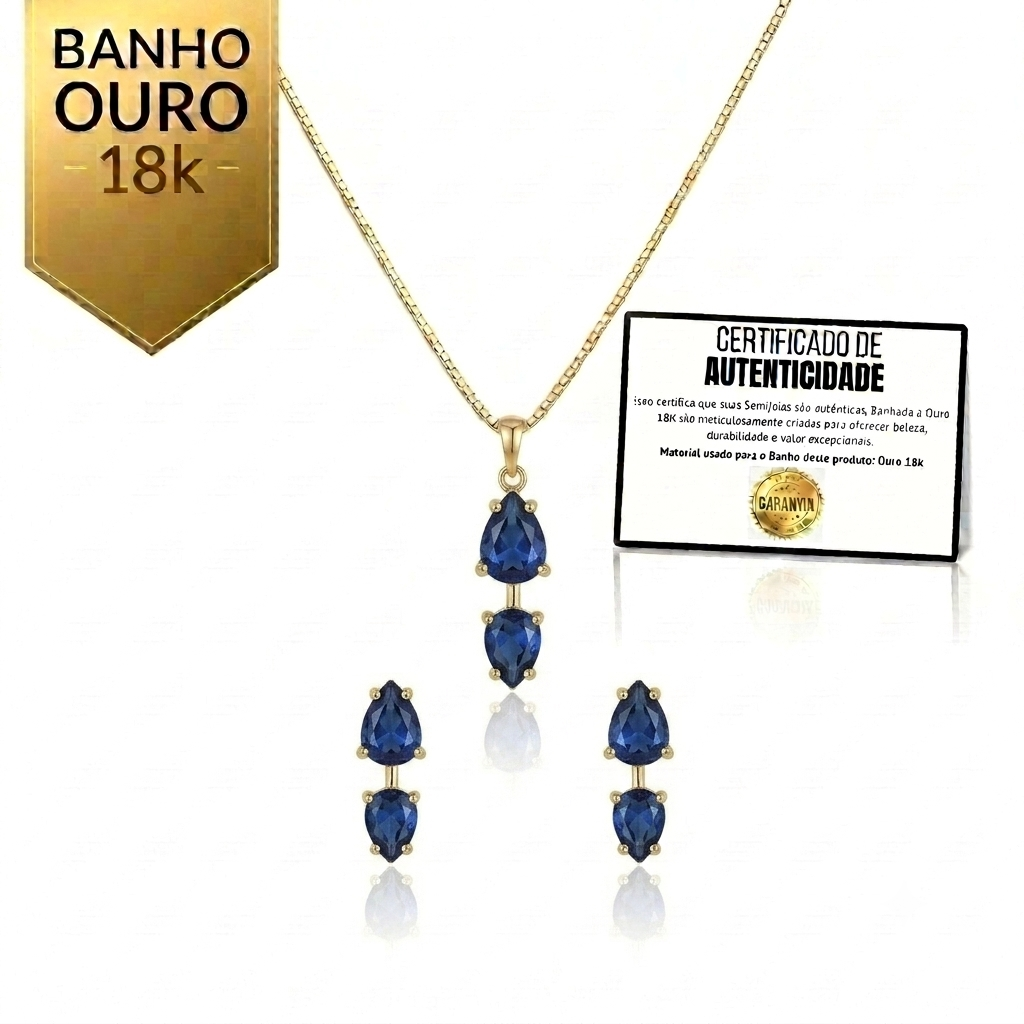 Conjunto Luxo Dupla Gota Azul Safira Banhado a Ouro 18K + Ganhe Colar Snake de Brinde