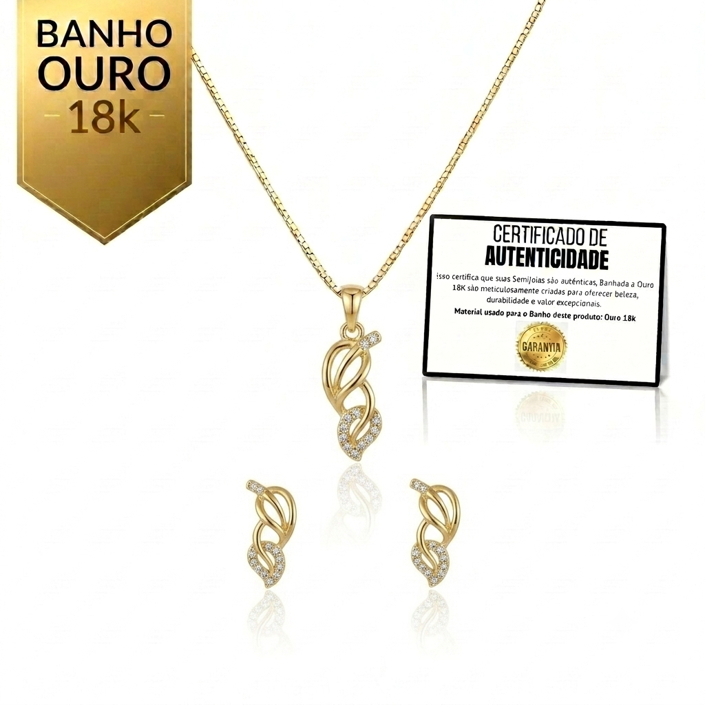 Conjunto Luxo Folhagem Dupla Cravejada Banhado a Ouro 18K + Ganhe Colar Snake de Brinde