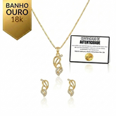 Conjunto Luxo Folhagem Dupla Cravejada Banhado a Ouro 18K + Ganhe Colar Snake de Brinde