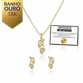 Conjunto Luxo Folhagem Dupla Cravejada Banhado a Ouro 18K + Ganhe Colar Snake de Brinde