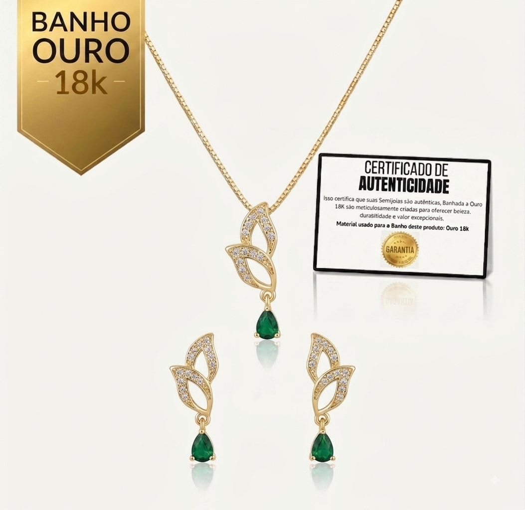 Conjunto Luxo Asas de Zircônias e Gota Esmeralda Banhado a Ouro 18K + Ganhe Colar Snake de Brinde