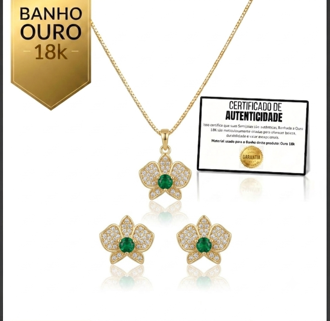Conjunto Luxo Folhagem Dupla Cravejada Banhado a Ouro 18K + Ganhe Colar Snake de Brinde (Cópia)