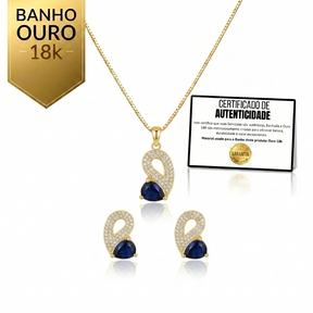 Conjunto Luxo Colar e Brincos Gota Azul Safira Banho Ouro 18K + Brinde Corrente Snake com Garantia Vitalícia