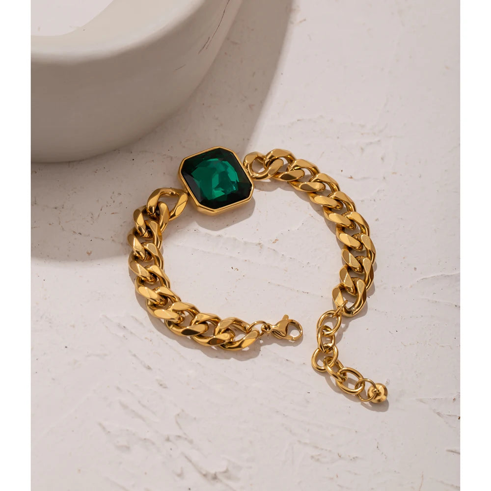 Pulseira Elo Grumet Esmeralda Banhada a Ouro 18k - Aço Premium que Não Escurece