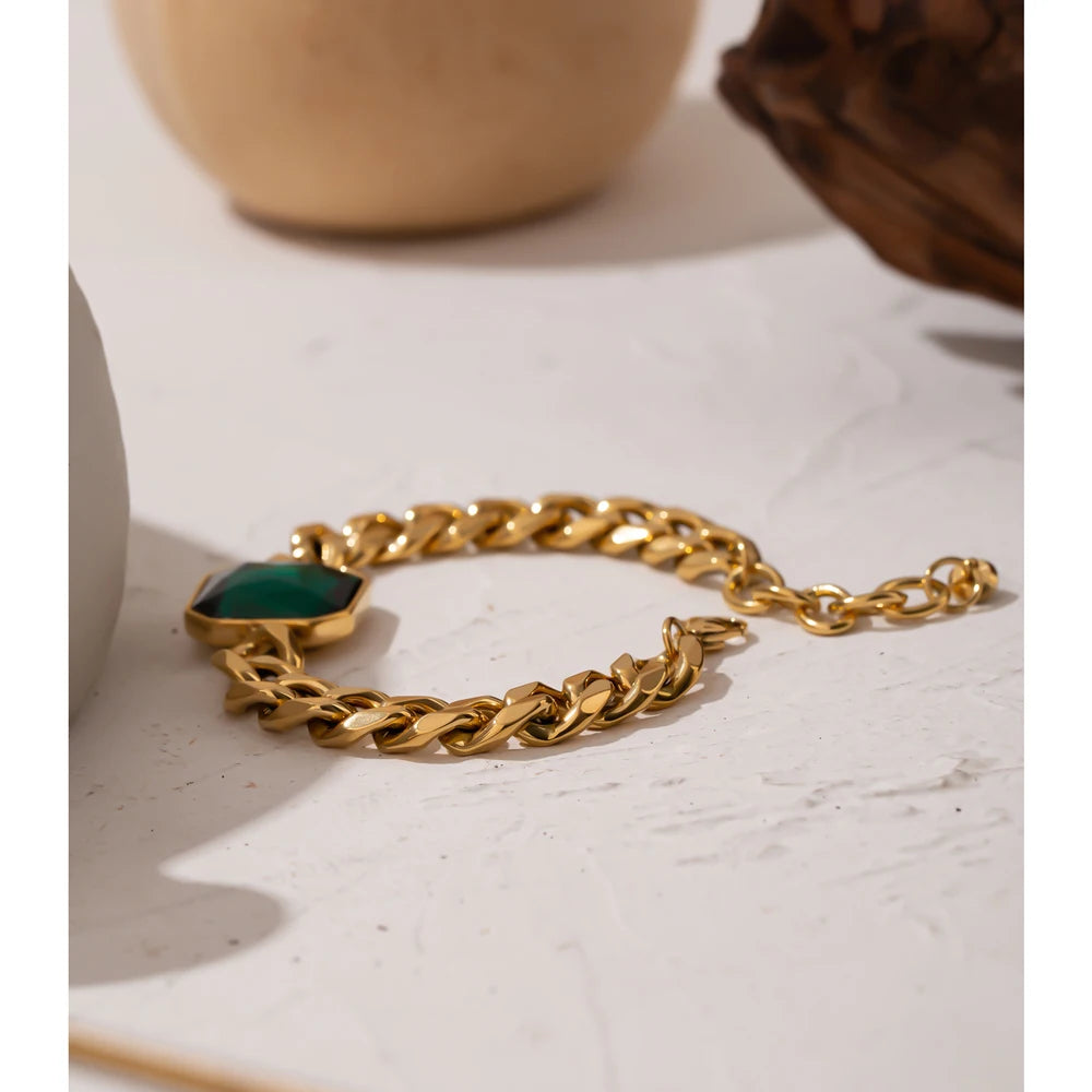 Pulseira Elo Grumet Esmeralda Banhada a Ouro 18k - Aço Premium que Não Escurece