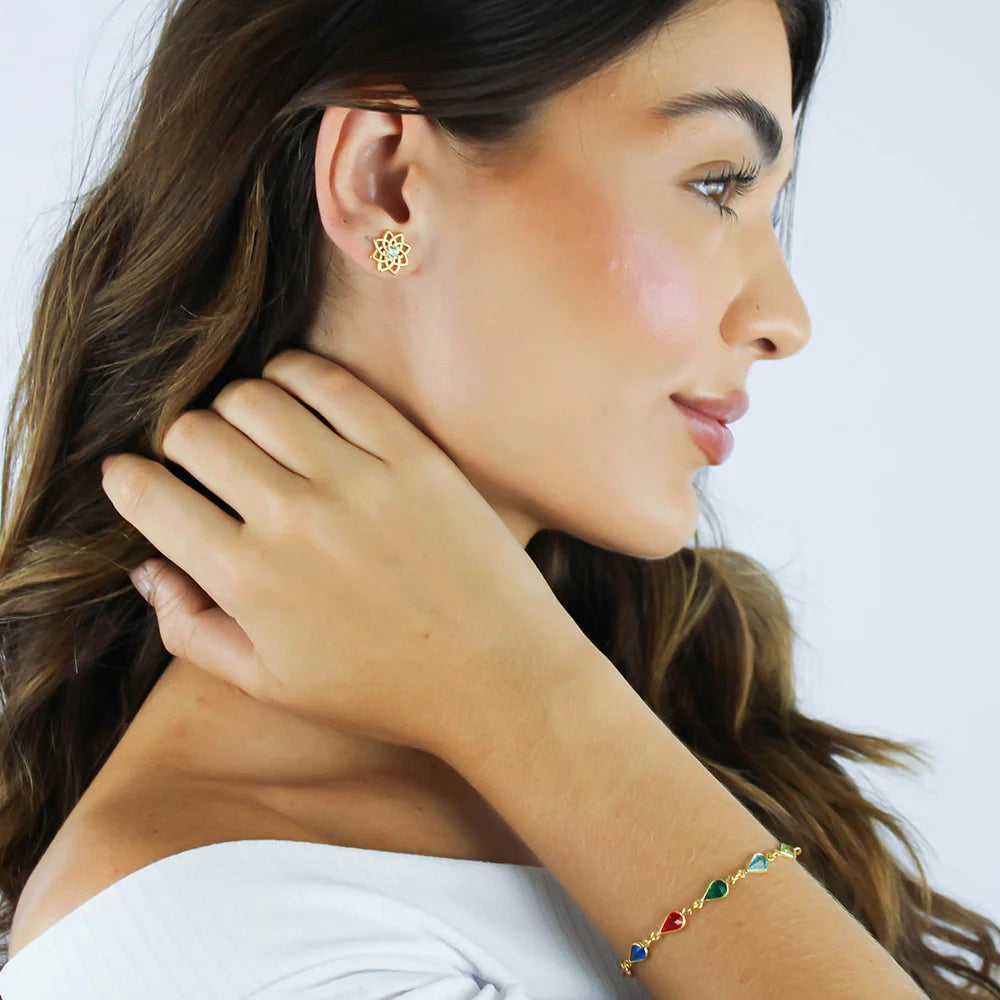 Brinco Flor com Zircônia Verde Banhado a Ouro 18K