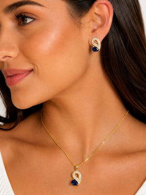 Conjunto Luxo Colar e Brincos Gota Azul Safira Banho Ouro 18K + Brinde Corrente Snake com Garantia Vitalícia