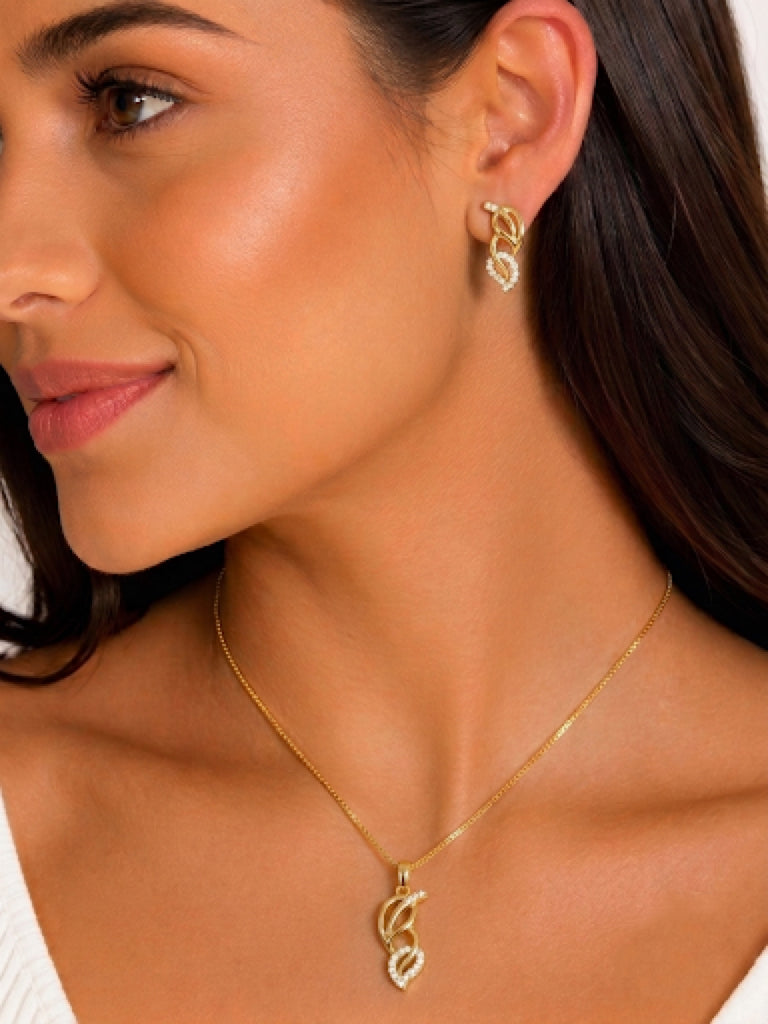 Conjunto Luxo Folhagem Dupla Cravejada Banhado a Ouro 18K + Ganhe Colar Snake de Brinde