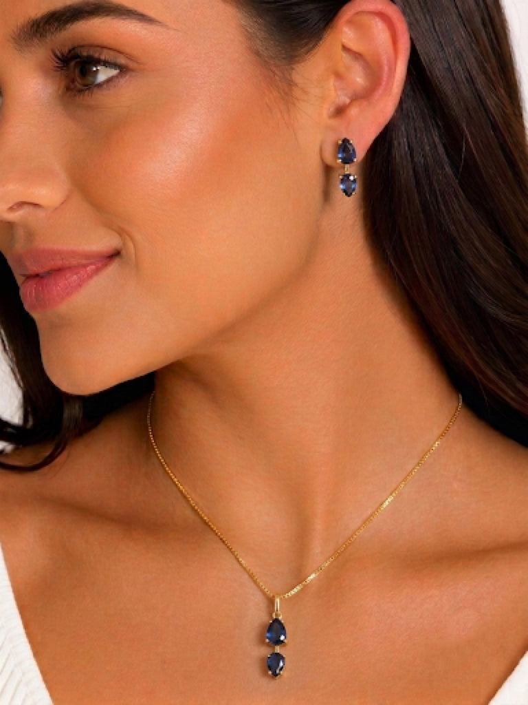 Conjunto Luxo Dupla Gota Azul Safira Banhado a Ouro 18K + Ganhe Colar Snake de Brinde