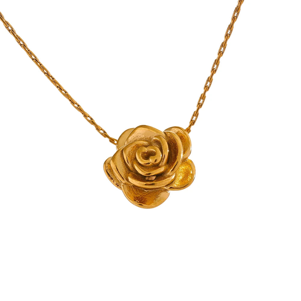 Colar com Pingente de Rosa Esculpida Banhado a Ouro 18k - Joia em Aço Premium