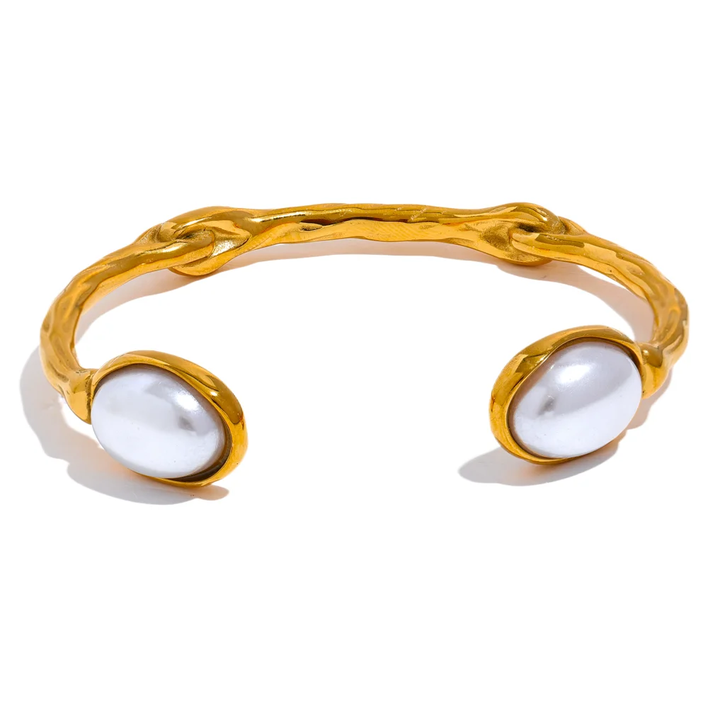 Bracelete Aberto com Pérolas Barrocas Banhado a Ouro 18k - Aço Premium
