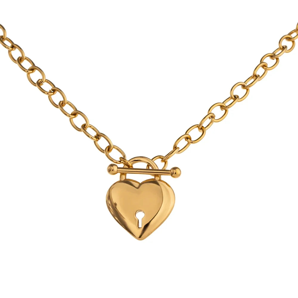 Colar Coração Cadeado Banhado a Ouro 18k - Aço Premium à Prova d'Água