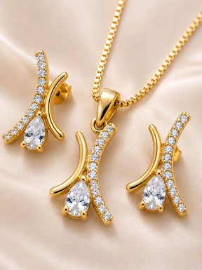 Conjunto Luxo Folhagem Dupla Cravejada Banhado a Ouro 18K + Ganhe Colar Snake de Brinde (Cópia)