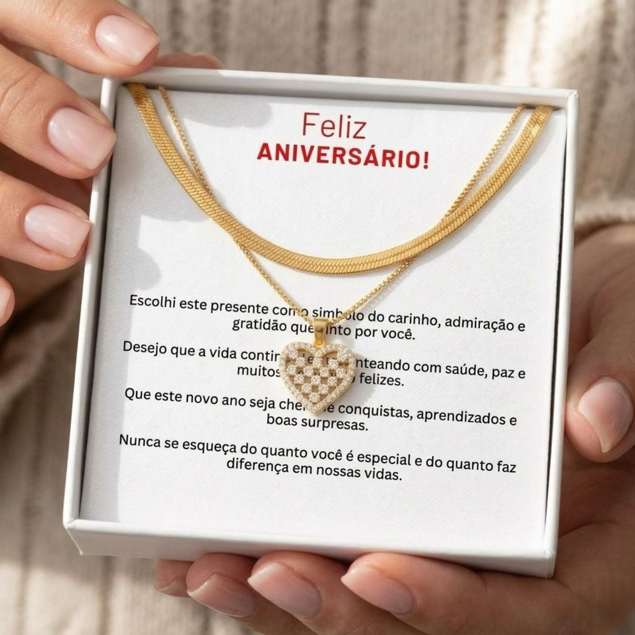 Presente de Aniversário  Colar Duplo Coração com Mensagem Banho Ouro 18k