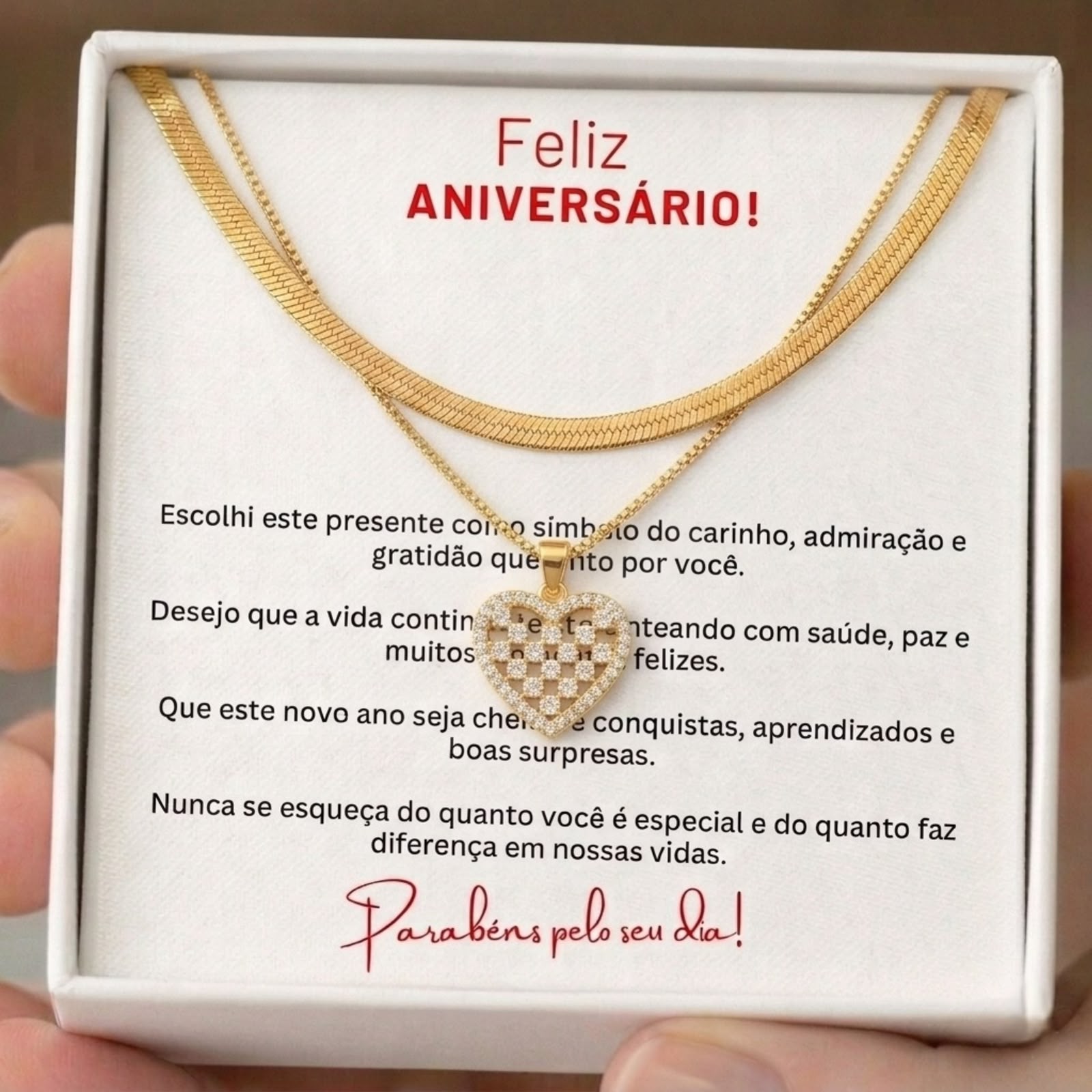 Presente de Aniversário  Colar Duplo Coração com Mensagem Banho Ouro 18k