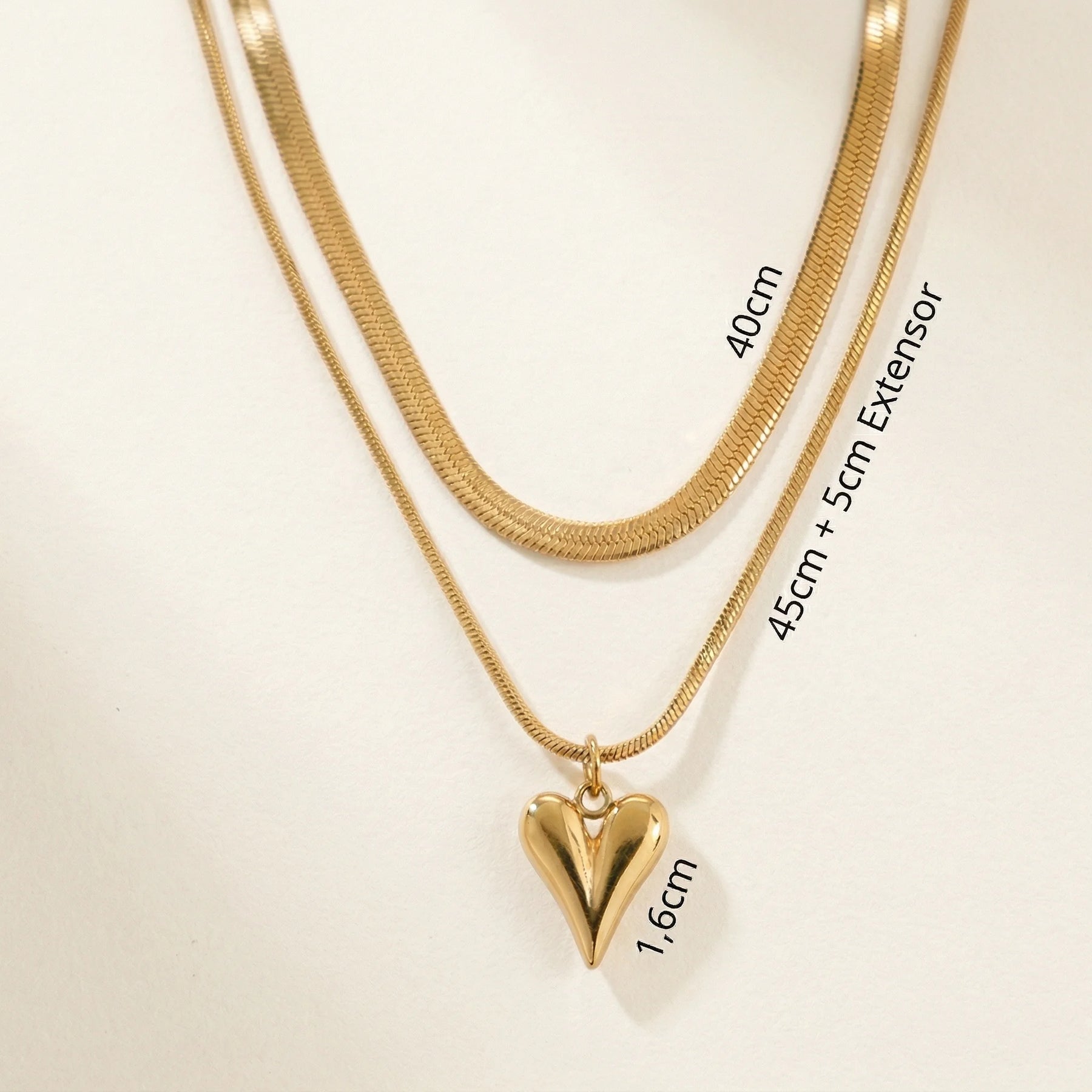 Presente para a Mãe Colar Duplo Malha Italiana e Coração Banho Ouro 18k